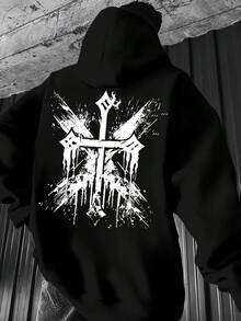 Vintage Retro College Style Fleece Drawstring Hoodie With Kangaroo Pocket Pullover Sweatshirt - Black - View 1