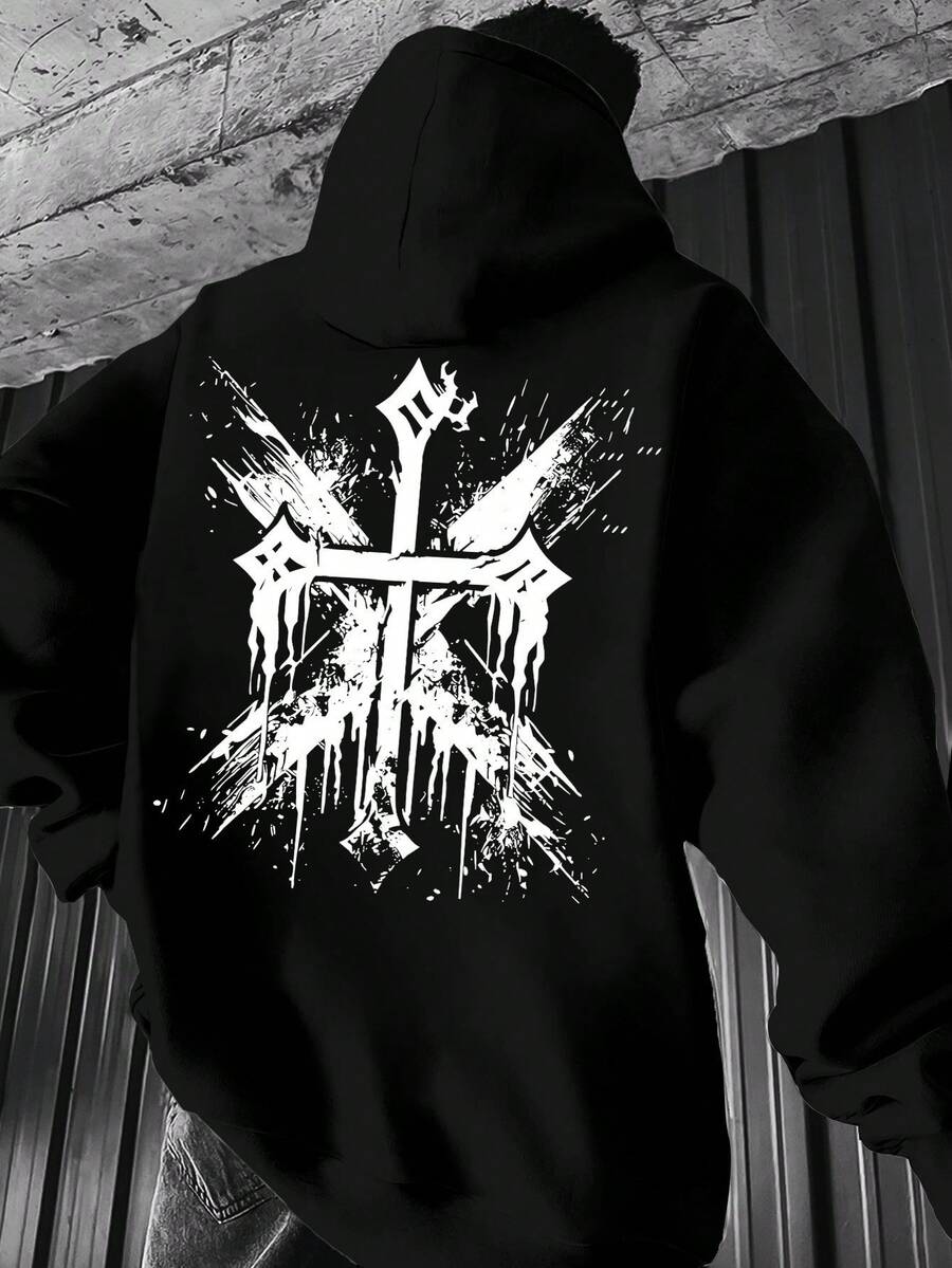 Vintage Retro College Style Fleece Drawstring Hoodie With Kangaroo Pocket Pullover Sweatshirt - Black - View 1
