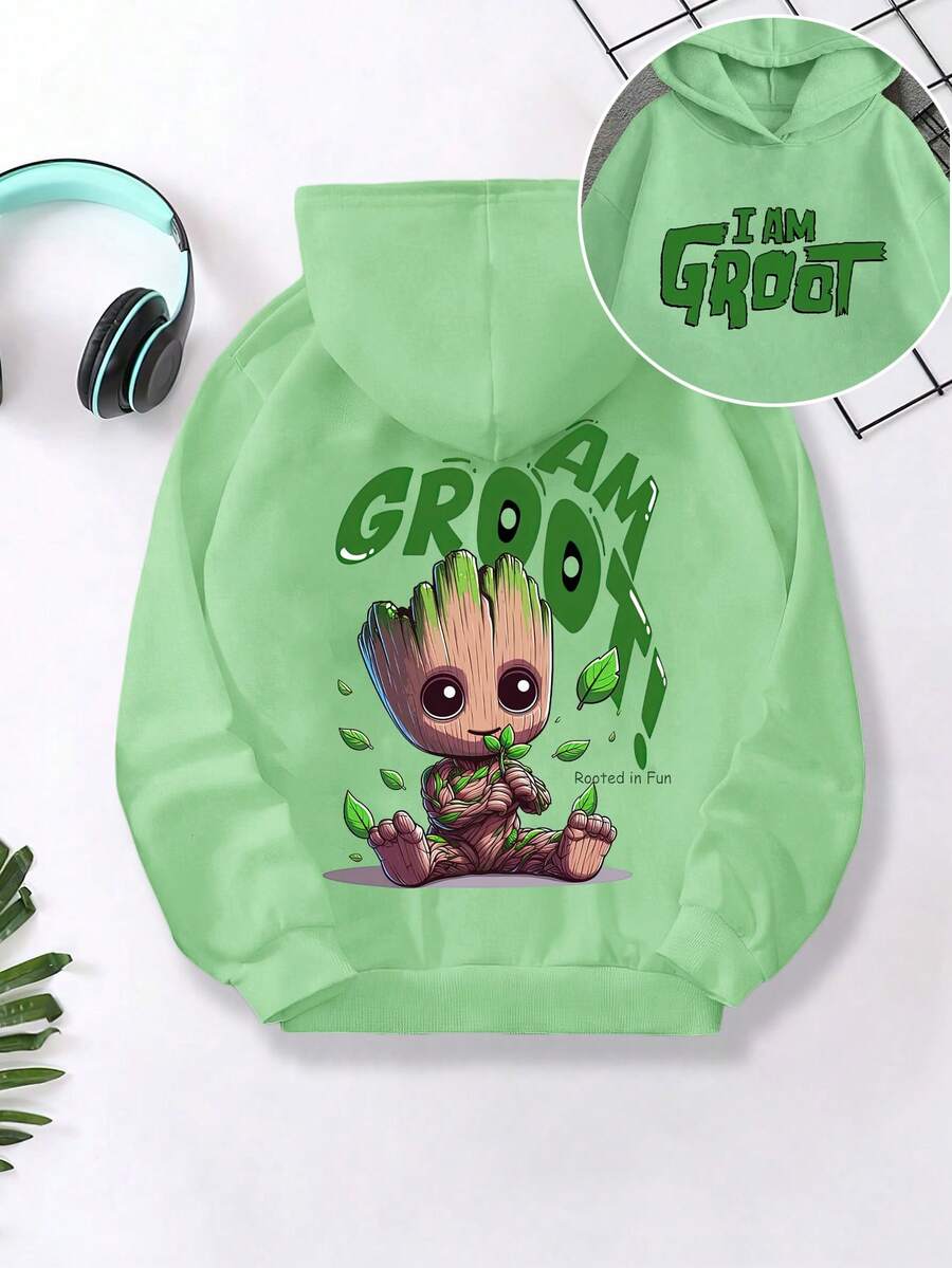 Felpa con cappuccio autunnale per ragazzi con stampa dello slogan Marvel "I'am Groot" e maniche lunghe, vestibilità ampia, spalle scese, colore nero. Sottile, adatta per l'inizio dell'autunno. - Menta Verde - Visualizzare 1