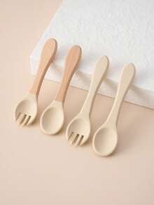 PopLittleOne 4 pezzi Cucchiai e forchette in silicone per bambini, utensili morbidi per bambini con manico in legno, accessori per l'alimentazione del bambino, articoli per bambini, accessori per l'alimentazione del bambino di colore solido
