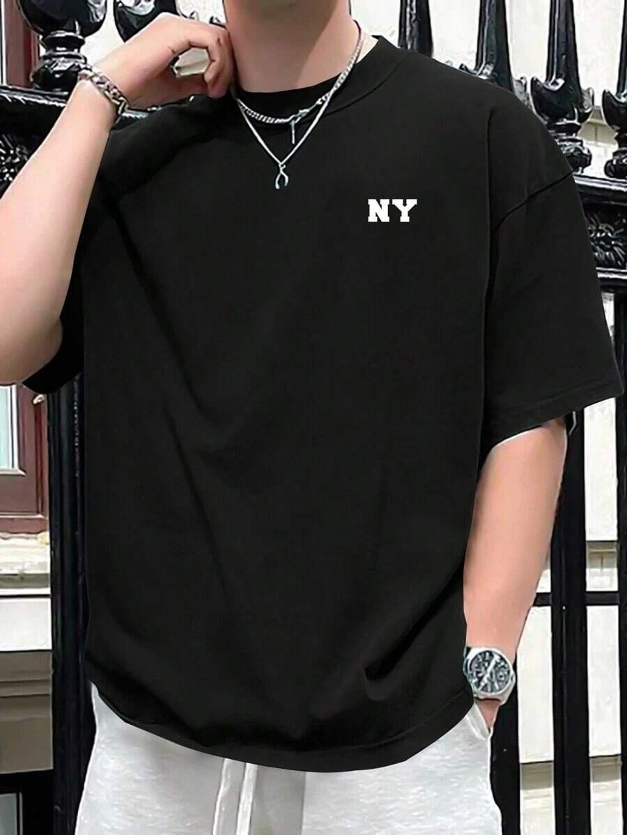 Men's Letter Print Drop Shoulder T-Shirt - Black - View 1