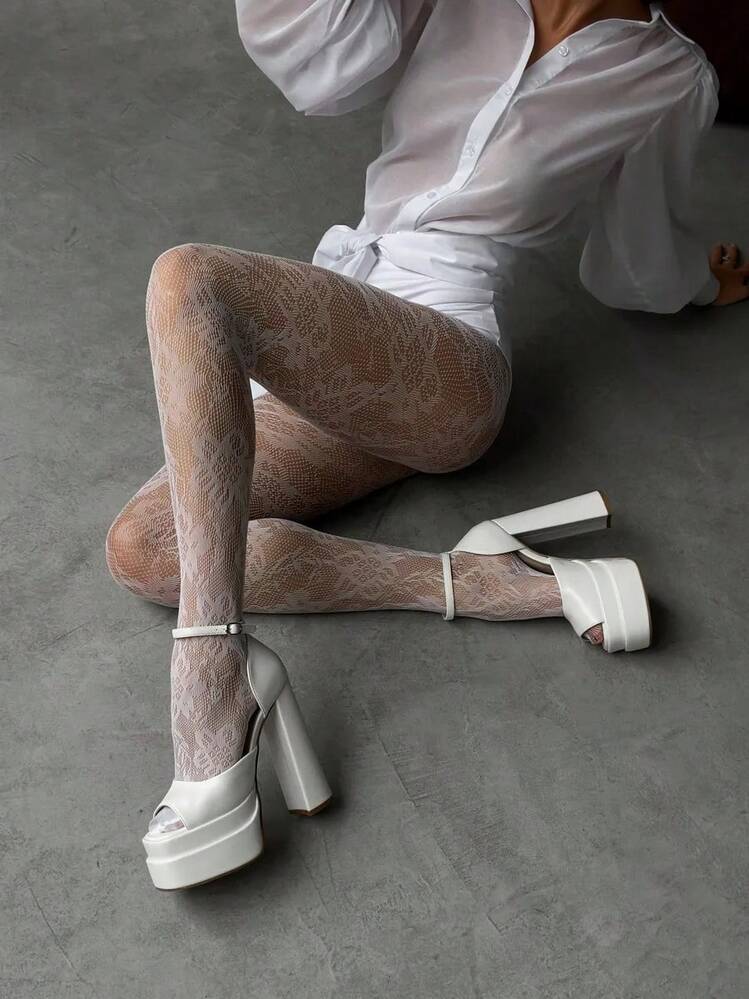 1 st. sexiga blommiga jacquardnätstrumpor för kvinnor - sommarstrumpbyxor med hög elasticitet, franska eleganta strumpbyxor, bred midjebandsdesign, ihåligt nät, retro botaniskt mönster - klassisk stil - Multifärgad - Visa 11