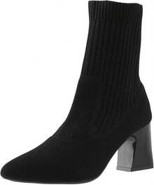 Boots For Women Ankle Booties Knit Sock Boots Pointed Toe Chunky Heel Lightweight Comfort Booties Slip On Ladies Fall Boots Dressy Vintage Fall Winter Casual Boot - 黑色 - 查看 7
