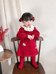 1件装年轻女孩可爱甜美红色蝴蝶结长袖毛衣裙 - 紅色 - 查看 5