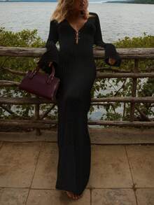 Crocheted V-Neck Backless Ruched Waist Bodycon Dress For Holiday,Women's Fashionable Sexy Long Sleeve Hollow-Out Swimsuit Cover-Up, Boho Minimalist Casual Knitted Sweater Maxi Dress Cover-Up For Beach Vacation,Versatile Look For Spring Summer Fall Season #SeasideVibes #BohemianDress #ElegantBlackOutfits - Black - View 5