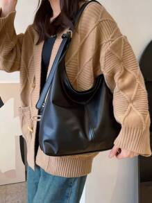 新款大容量纯色PU皮革女士休闲多功能单肩/腋下/手提水桶包，休闲经典百搭，日常通勤时尚个性包，适合日常搭配、简单拍照、购物、约会、郊游、旅行、海边、沙滩等场合，便携易用，适合女生、女大学生，也非常适合办公室、大学、初中、高中、工作等场合。