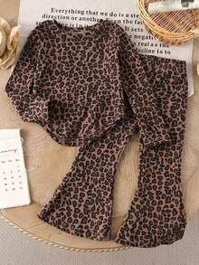 Girls Leopard Print Long Sleeve T-Shirt And Flare Pants 2-Piece Outfit, Fashionable And Stretchy, Autumn - Brown - View 5