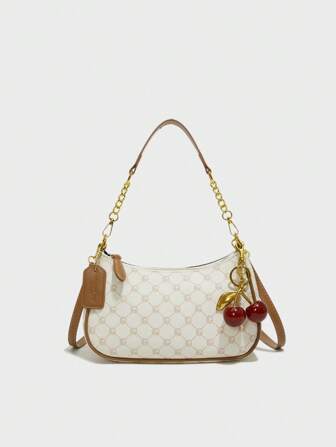 新款时尚经典黑色多功能防水PU材质，字母图案装饰设计，撞色拼接纯色新月形单肩包，链条肩背腋下包，樱桃吊坠装饰设计，女士商务通勤单肩包，轻便，适合购物和聚会，便携。