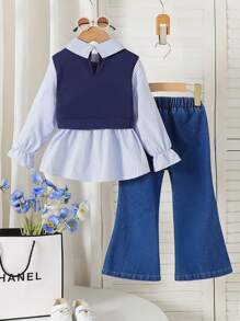 2 件套女童条纹衬衫和蝴蝶结喇叭牛仔裤套装，可爱校园风格，2025 年秋季返校季