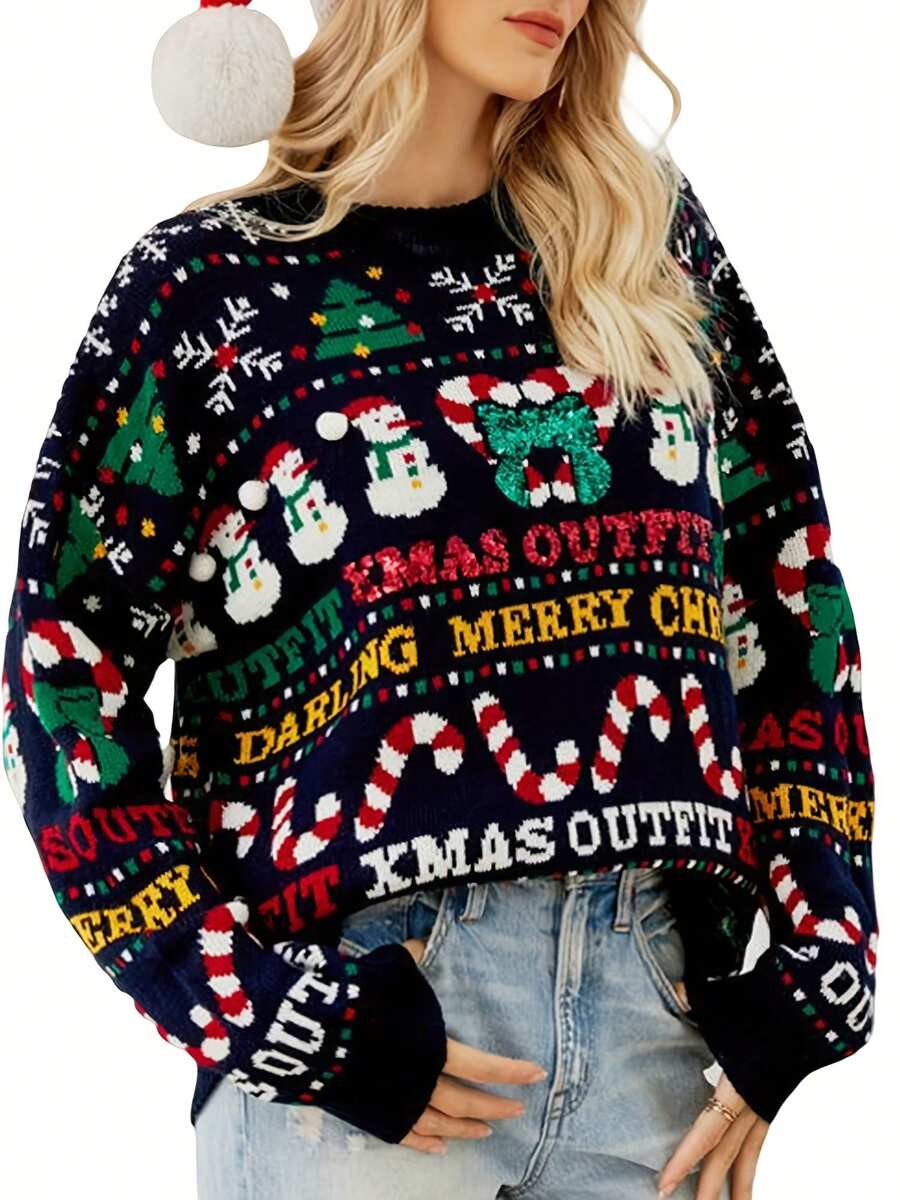 Women's Ugly Christmas Sweaters, Long Sleeve Santa/Snowman Print Loose Knit Pullovers Christmas For Women Fall Clothes Winter Outfits Christmas Gifts