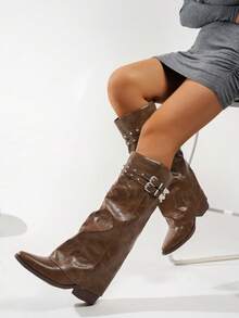 2025 秋冬西部风格尖头叠跟高筒靴女靴，复古长腿靴，牛仔靴 - 棕色 - 查看 3