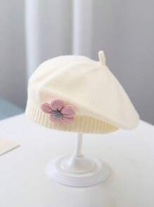 1顶0-3岁婴幼儿贝雷帽，可爱男女童针织帽，花卉图案时尚纯色保暖春/冬儿童帽 - 白色 - 查看 9