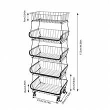 5 Tier Fruit Basket For Kitchen, Stackable Containers Wire Shelf With Wheels, Fruit And Vegetable Storage Basket Pantry Food Snack Organizer Shelf, Kitchen Storage Cart For Onions And Potatoes, Produce - Black - View 2