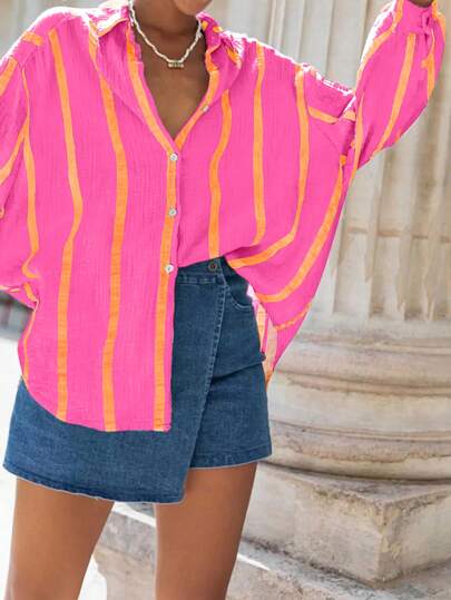 Women's Plus Size Striped Boyfriend Shirt, Front Short Back Long Button Down Casual Blouse, Suitable For Spring, Summer, Autumn