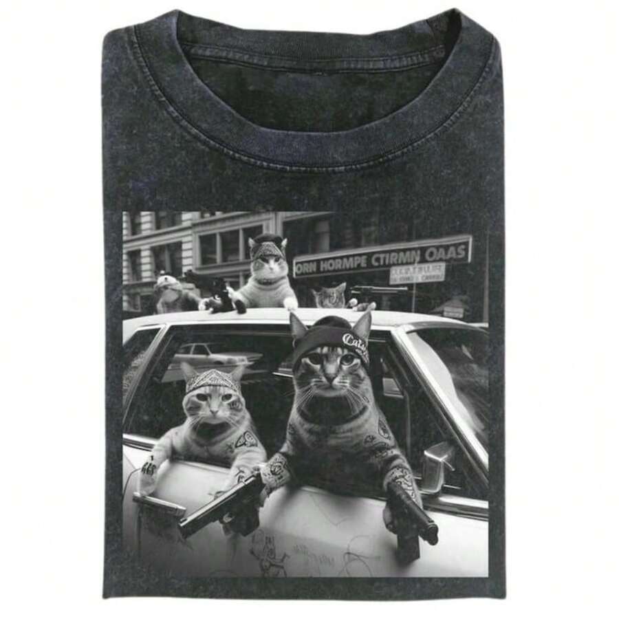 Funny Cat Gang Vinage T-Shirt, Cat Shirt, Funny Graphic Tee, Meme Sweatshirt, Graphic Tee Gift For Men Women And Men | Unisex For All Seasons - 黑色 - 查看 1