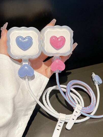 5件套粉色闪光爱心和蓝色爱心设计充电适配器保护套，兼容英标20W充电器，适用于 11/12/13/14/15/16 Promax数据线防弯折绕线器、数据线固定器、防断裂数据线、TPU充电保护套