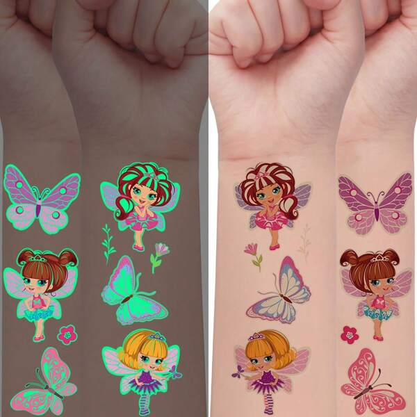 5 Packs Glow-In-The-Dark Temporary Tattoos, Fairy Butterfly Series, 38 Cute Cartoon Designs, Waterproof Lasts 2-5 Days – Perfect Birthday Party Gift