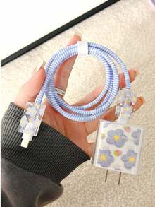 Set de 5 piezas con funda protectora de cargador y cable de datos con diseño floral y de fresa de 18W/20W de carga rápida compatible con iPhone 14 Pro, accesorios de cable azul para cargador y accesorios de teléfono - flores moradas - Ver 2