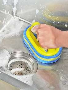 1 pieza Cepillo de limpieza multifuncional con mango (color aleatorio), cepillo de baño para azulejos y baldosas engrosado y ampliado, cepillo de limpieza para ollas y fregaderos, con esponja fuerte para fregar, apto para limpieza multiusos, incluyendo baños, cocinas y pisos, puede limpiar eficazmente manchas de grasa en bañeras, azulejos, estufas y vidrio.