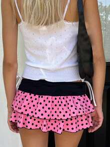 Layered Ruffle Mini Skirt For Women Summer Y2K Dots/Stripe/Heart Print/Solid Color Low Rise A-Line Tiered Short Skirts Party Club Beach Boho Skater Skirts - Hồng và đen - Xem 2