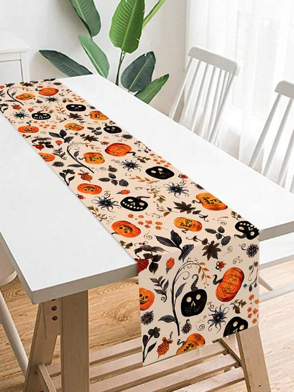 1Pc Halloween Table Runner,Happy Halloween Table Cover With Pumpkin And Plant Design,180*35cm Polyester Tablecloth,Trick Or Treat Decoration For Halloween,Happy Halloween Decorations,Halloween Party Supplies,Halloween Decorations,Home Party Decor,Dining Table Decoration,Festival Party Favors,Fall Decor,Kitchen Decor,Tabletop Decor