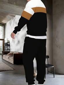 Conjunto de sudadera de manga larga y pantalones con bloqueo de color y estampado de la palabra "REY", suéter de cuello redondo minimalista de moda, chándal versátil para ejercicio y actividades al aire libre, ropa de otoño