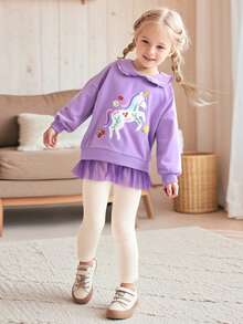2pcs/Set Young Girl Casual Collared Pullover Long Sleeve Mesh Sweatshirt & Pants, Cartoon Unicorn Embroidery Pattern, Fashionable & Cute Outfit For Autumn/Winter - Multicolor - View 1