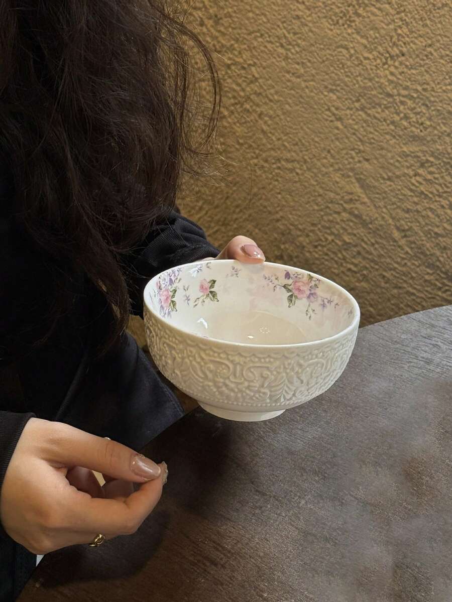 1件法式复古花卉花瓣边压花白色陶瓷餐具，甜点/早餐/沙拉碗，带压花叶子图案