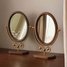 Vintage Bedroom Vanity Mirror, Solid Wood Makeup Mirror, Tabletop Wooden Chinese Style Rotating Dressing Mirror