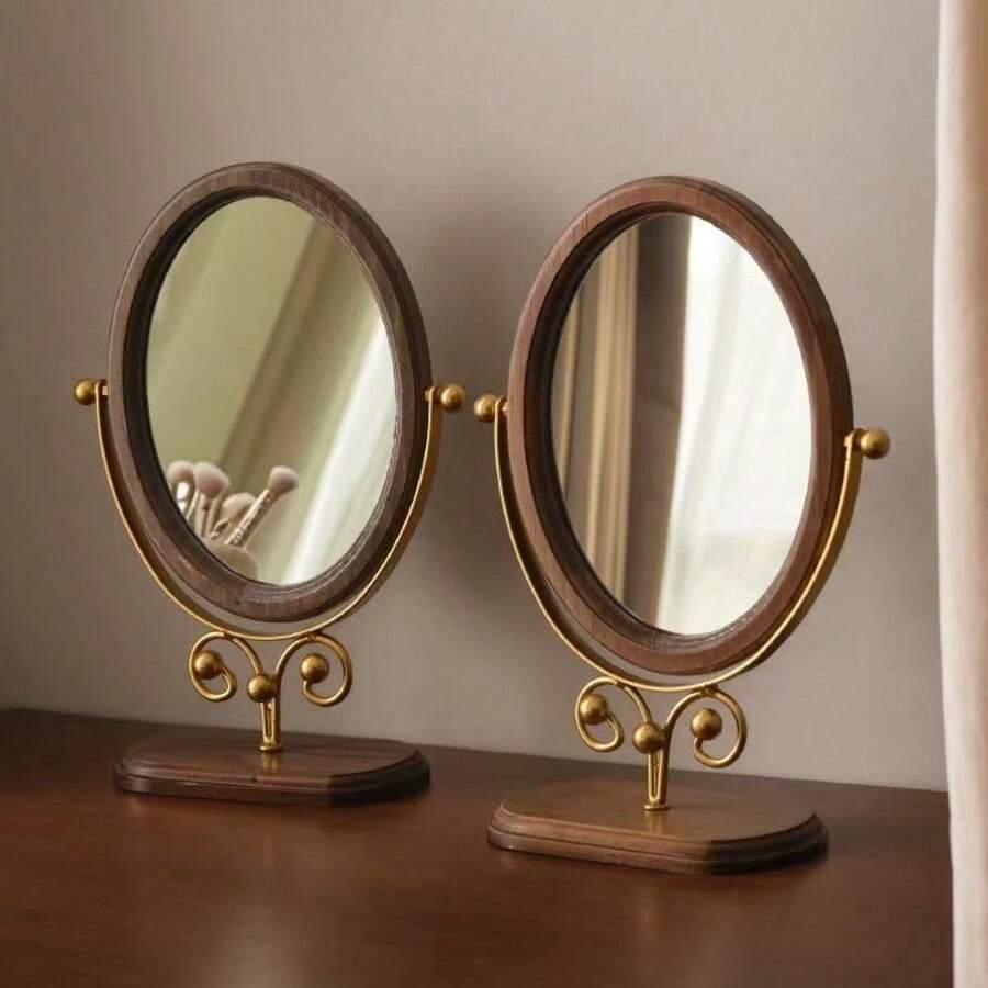 Vintage Bedroom Vanity Mirror, Solid Wood Makeup Mirror, Tabletop Wooden Chinese Style Rotating Dressing Mirror