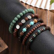 5pcs/Set Vintage Simple Fashion Elastic Cool Bracelet, Wood Bead & Coconut Shell Bracelet, Suitable For Men/Women/Couples' Daily Casual & Commuting Decoration