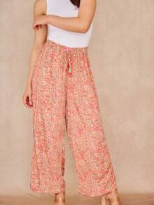 Gerade bedruckte Hose All Over Floral Print Bohemian Taschen Nein - Korallenrosa - Übersicht 2