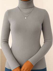 Women's Ribbed Knit Blouse, High Neck, Long Sleeve, Elegant, Simple, Knitted Polyester, Home, Beach, Daily - Grey - View 1