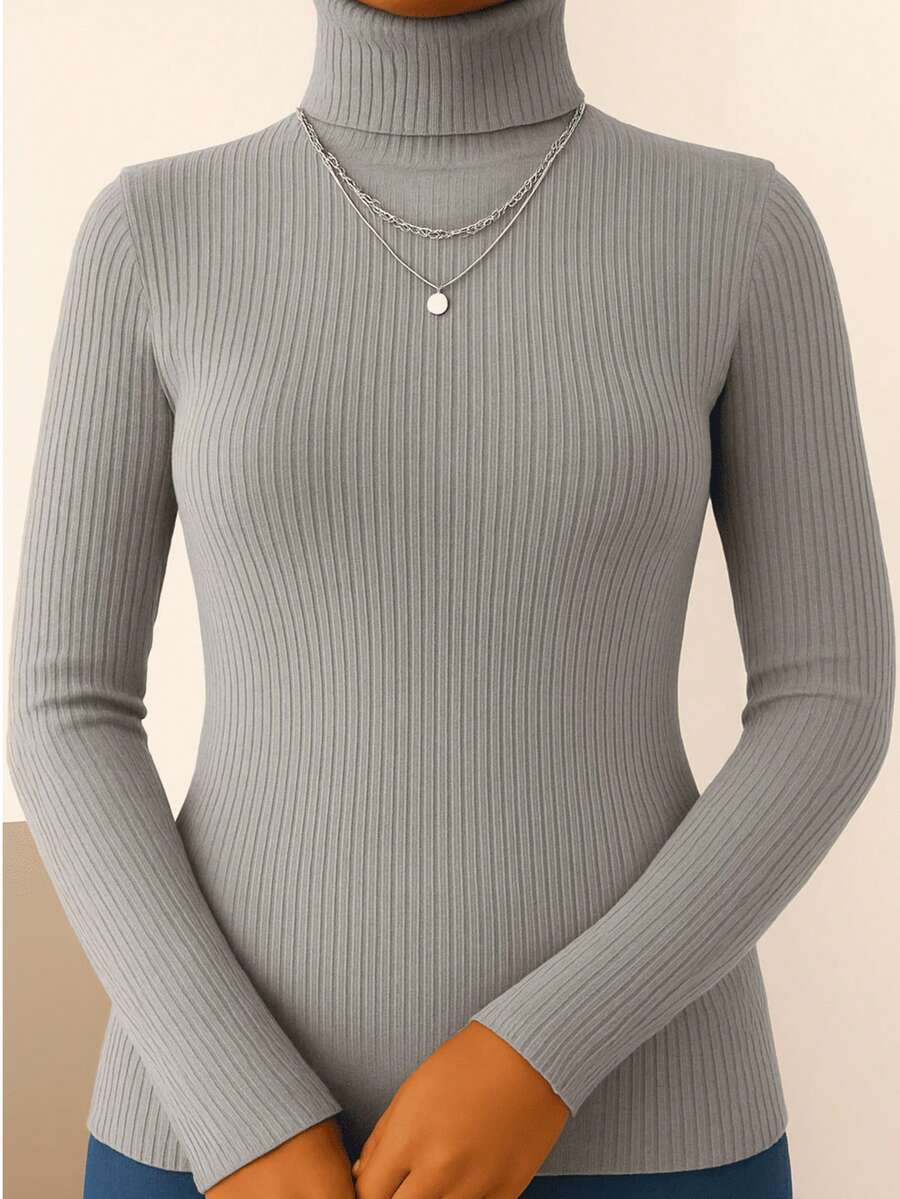 Women's Ribbed Knit Blouse, High Neck, Long Sleeve, Elegant, Simple, Knitted Polyester, Home, Beach, Daily - Grey - View 1