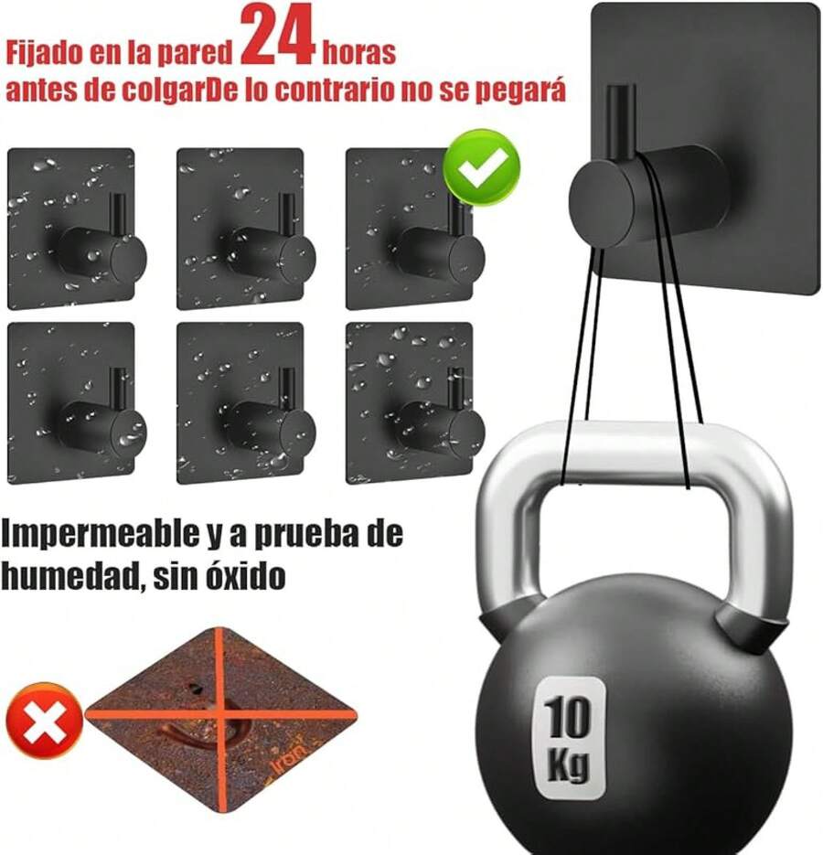 6 piezas de ganchos para baño, material de acero inoxidable 304, almacenamiento adhesivo, accesorios para cocina, baño u oficina (negro) - Negro - Ver 1