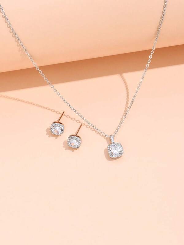 3pcs/Set Elegant Casual Sparkling Zirconia Pendant Necklace & Earrings, Suitable For Women's Daily, Party, Gift