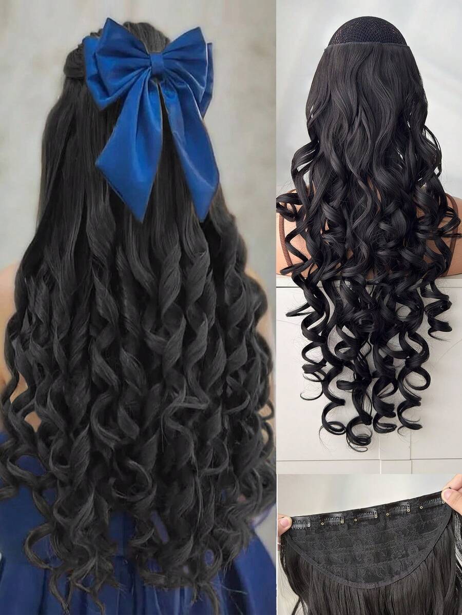 26-28 Inch V-Shaped Clip-In Hair Extensions, Black, Natural Wavy Curly, Synthetic Fiber Wig, Suitable For Women's Daily Use