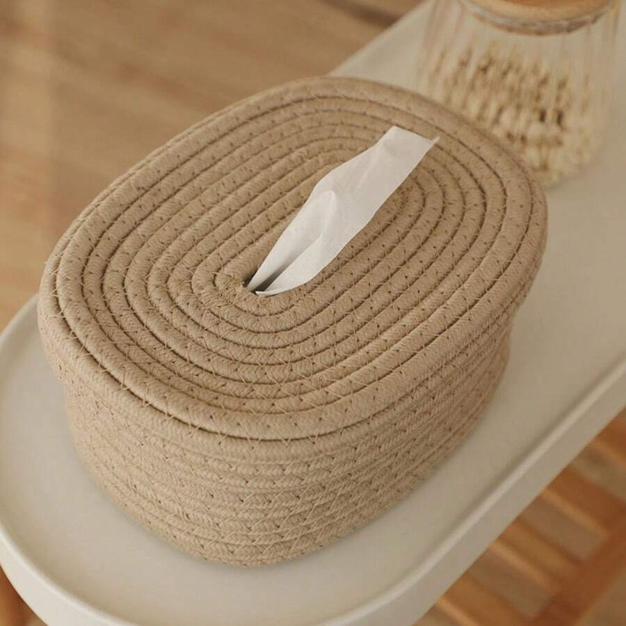1pc Minimalist Woven Storage Basket, Non-Woven Fabric Tissue Box For Baby Room, Living Room Tabletop Facial Tissue Holder, Ins Style - Multicolor - View 1