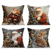 4pcs Vintage Santa Claus & Rabbit Printed Pillow Case Set - Peach Velvet Pillow Cover 45*45cm