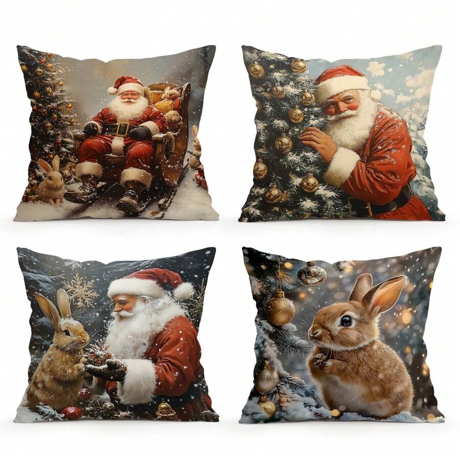 4pcs Vintage Santa Claus & Rabbit Printed Pillow Case Set - Peach Velvet Pillow Cover 45*45cm