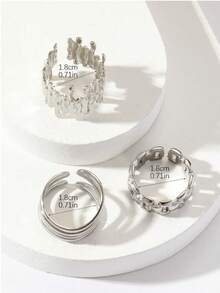 3pcs Adjustable Stainless Steel Gold-Tone Fashion Decorative Rings, Suitable For Daily Wear Or As Gifts - Silver - View 3