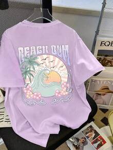 Girls' Casual Minimalist T-Shirt, Beach & Seaside Pattern, Vacation Casual Style, Children's Clothing, Girls' Pullover, Round Neck Short Sleeve, Spring/Summer New Short Sleeve Top - Mauve Purple - View 2