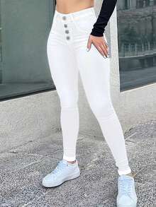 Women's High Waisted Tight Fitting Classic Double Breasted Jeans - Slim Fit, Comfortable And Elastic, Suitable For Leisure And Work - White - View 1