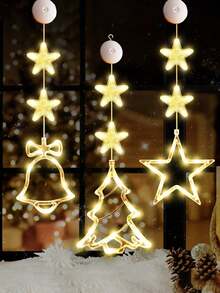 3pcs Warm Yellow Light Christmas Window Lights Decoration, LED Suction Cup Lights Christmas Decoration, Christmas Bells, Christmas Tree, Pentagram LED Suction Cup Lights, 19.7*6.3in, Battery Powered, Indoor Outdoor Christmas Tree Fireplace Window Room Decoration, Home Decor, Christmas Decorations, Bedroom Decor, Party Decor Holiday Festival, Used For Wedding Gift New Year Party Terrace Garden Window Decoration (Batteries Not Included)