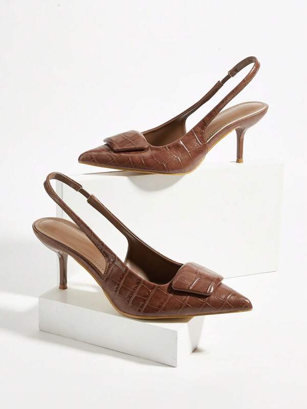 Sandalias de tacón alto con punta puntiaguda, hebilla decorativa y correa de tobillo, con textura de piedra marrón, estilo sexy para fiesta de oficina Y2K