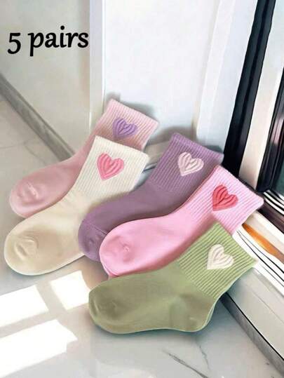 5 pares de calcetines de media caña con patrón de corazón para niñas en otoño, de moda, versátiles y cálidos, adecuados para usar en primavera y otoño