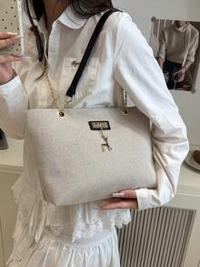 Large Capacity Handbag For Women, Chic Chain Shoulder Bag, New Fashion Underarm Bag, Retro Linen Tote Bag - Black - View 4