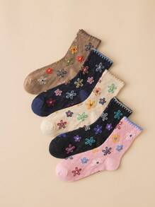 5 双花卉图案百搭休闲可爱女士中筒袜，秋季袜子