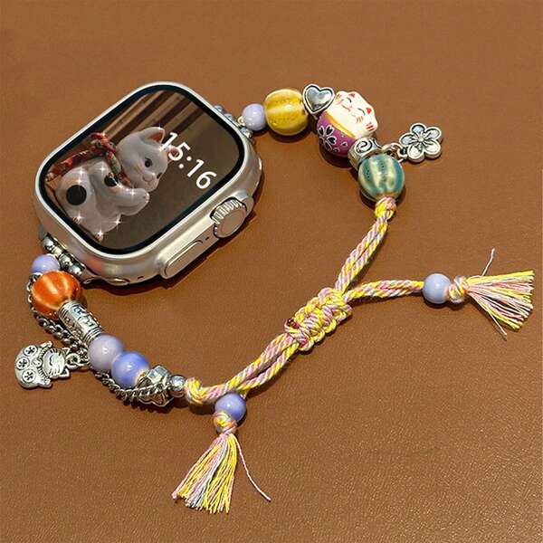 Bracelet compatible avec Apple Watch 38 mm, 40 mm, 42 mm, 44 mm, 41 mm, 45 mm, 46 mm, 49 mm, Ultra Watch Series 10, 9, 8, 7, 6, 5, 4, 3, 2, 1 pièce, motif chat chinois coloré en céramique, bracelet en corde perlée pour femme.