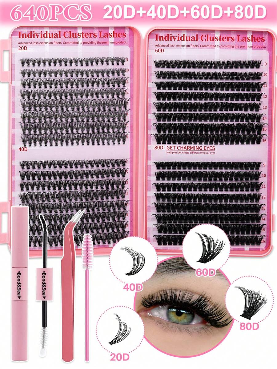 Kit de 755 pestañas postizas voluminosas con volumen D Curl, 30D-40D-50D/60D-80D-100D/JH02-JH04-JH08. 9 estilos mixtos de 10-18 mm. Incluye neceser de viaje impermeable, adhesivo y sellador, quitapestañas, pinzas y cepillo para crear tus propias pestañas en casa, citas, fiestas y viajes.